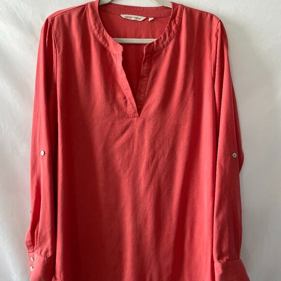 Soft Surroundings Womens Red Roll Tab Sleeve V-Neck Side Slit Blouse Top Size L - Picture 1 of 12